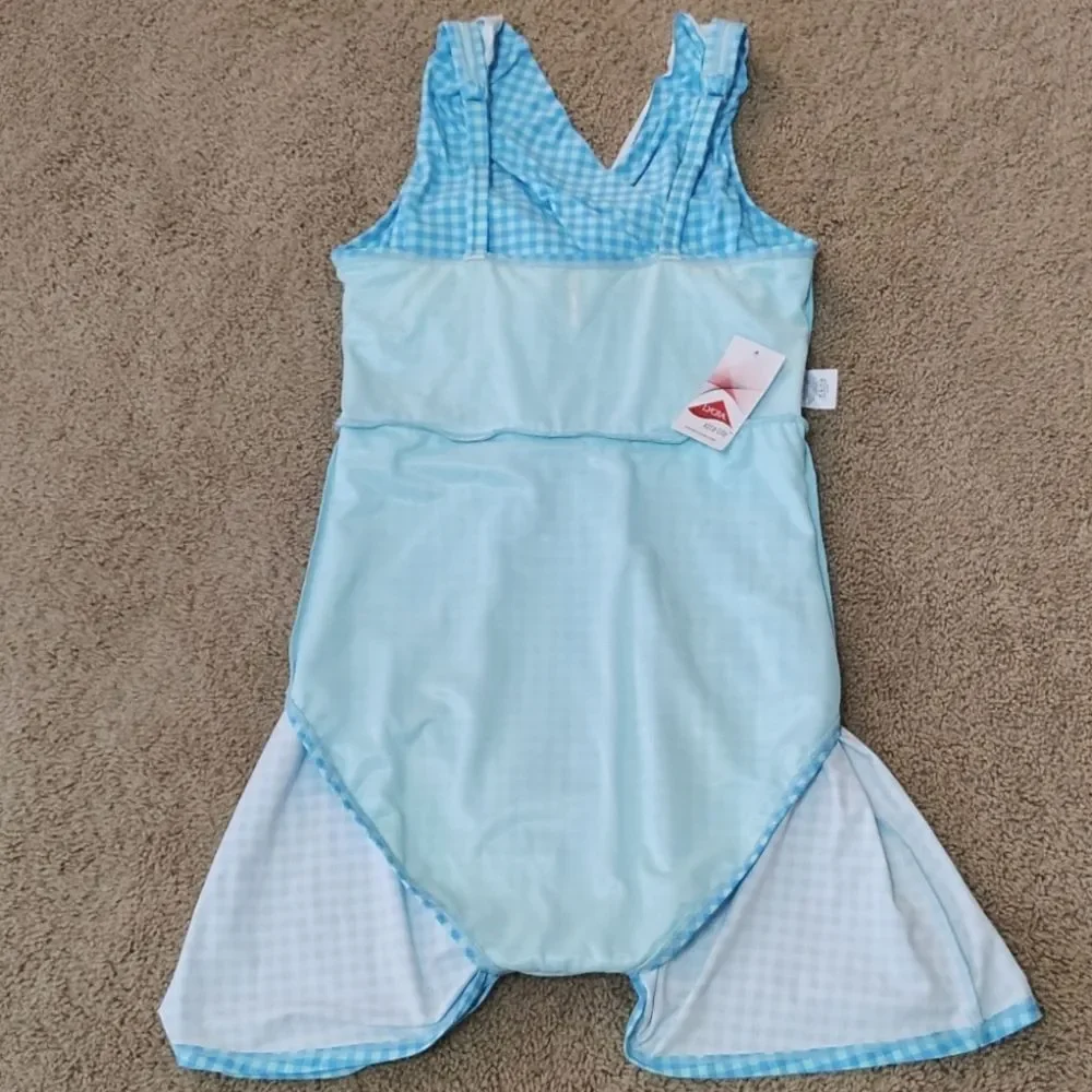 NWT Lands' End Aqua Blue Gingham Tummy Control Swim Dress Size 12 LONG Modest